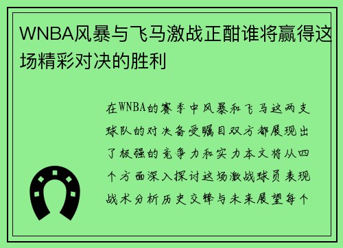 WNBA风暴与飞马激战正酣谁将赢得这场精彩对决的胜利